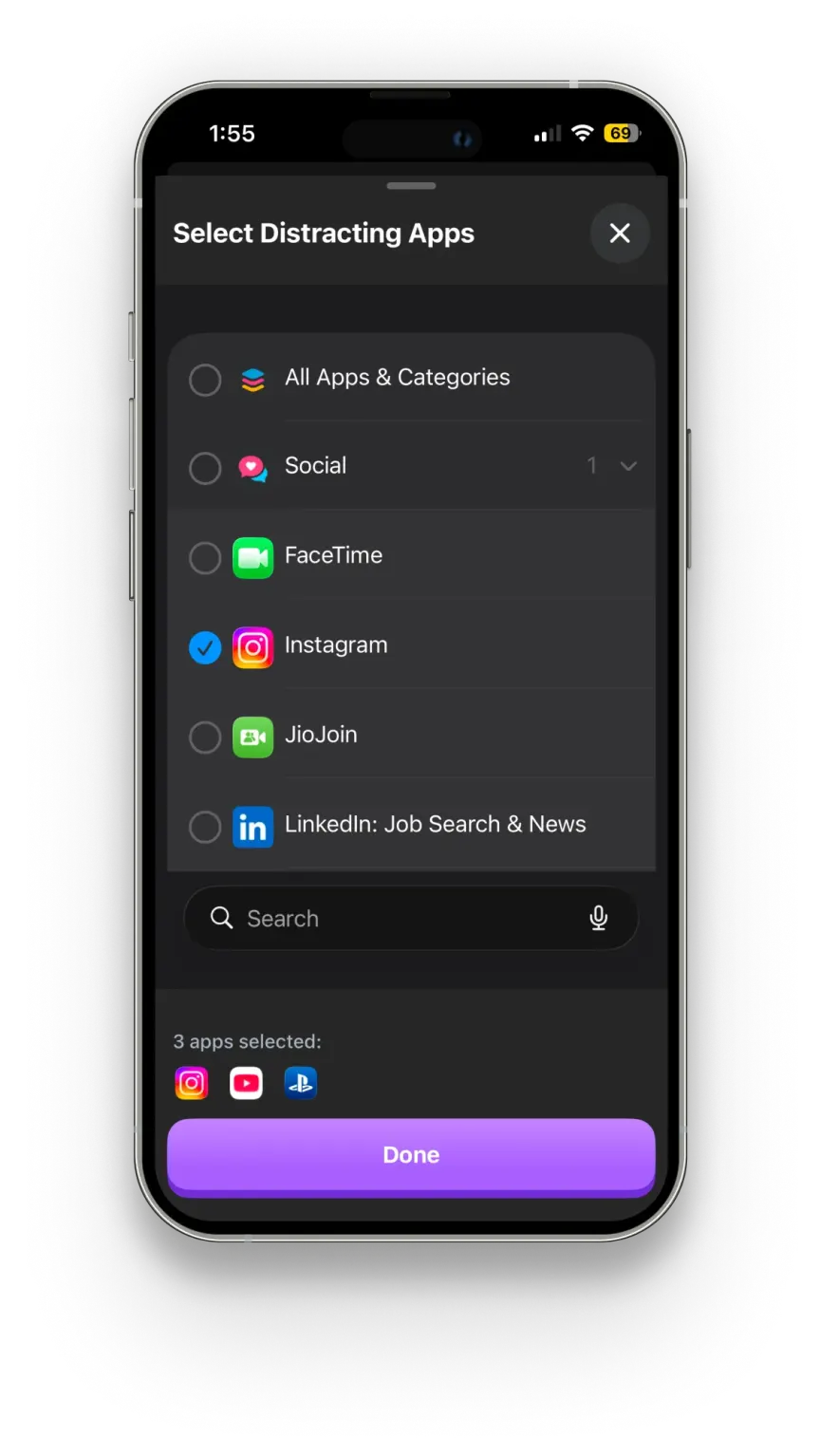 Select distracting apps to lock