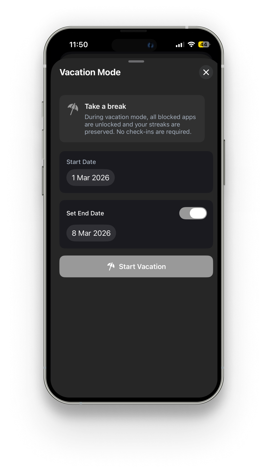 Vacation Mode pauses blocking without breaking streaks